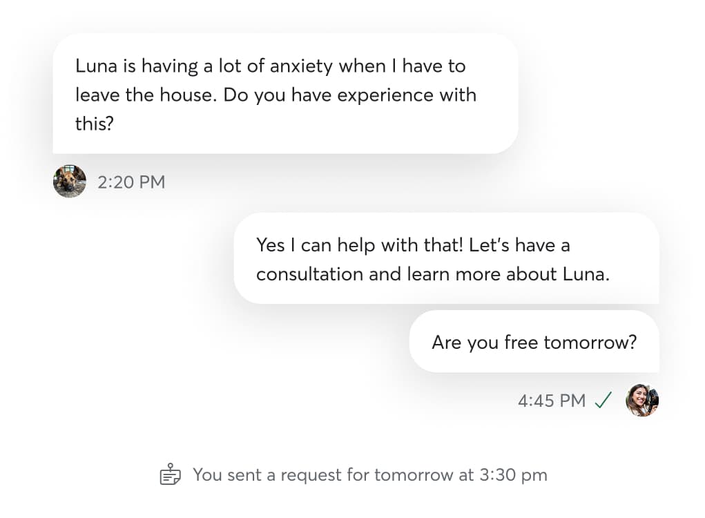 A chat between a trainer and an owner scheduling a training consultation