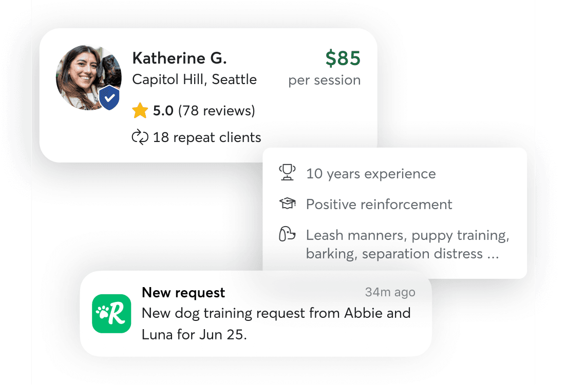 A trainer search result and a card with a trainer's profile details. A notification of a new training session being scheduled