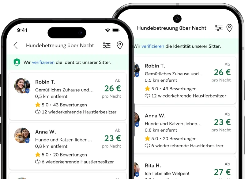 Ein iPhone und ein Android-Gerät zeigen jeweils Sitter-Suchergebnisse in der Rover-App an.