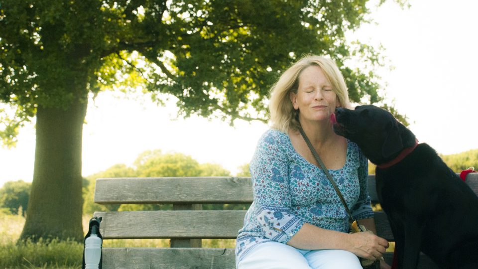 Dog kisses woman