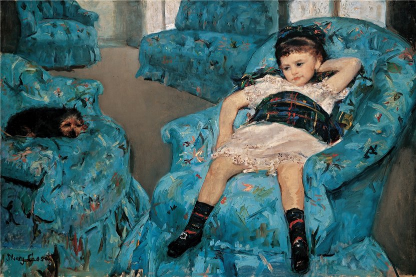 mary cassatt - little girl in a blue armchair painting