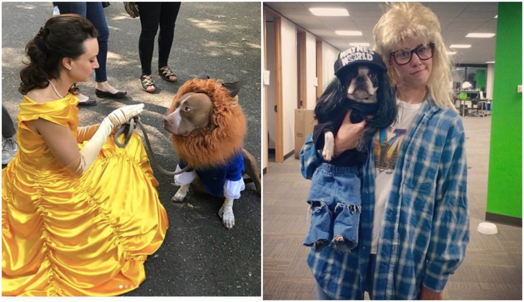 two photos, one with Beauty and dog in Beast costume and another with dog and human as Wayne and Garth