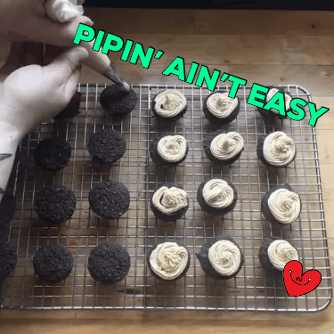 piping frosting onto cupcakes
