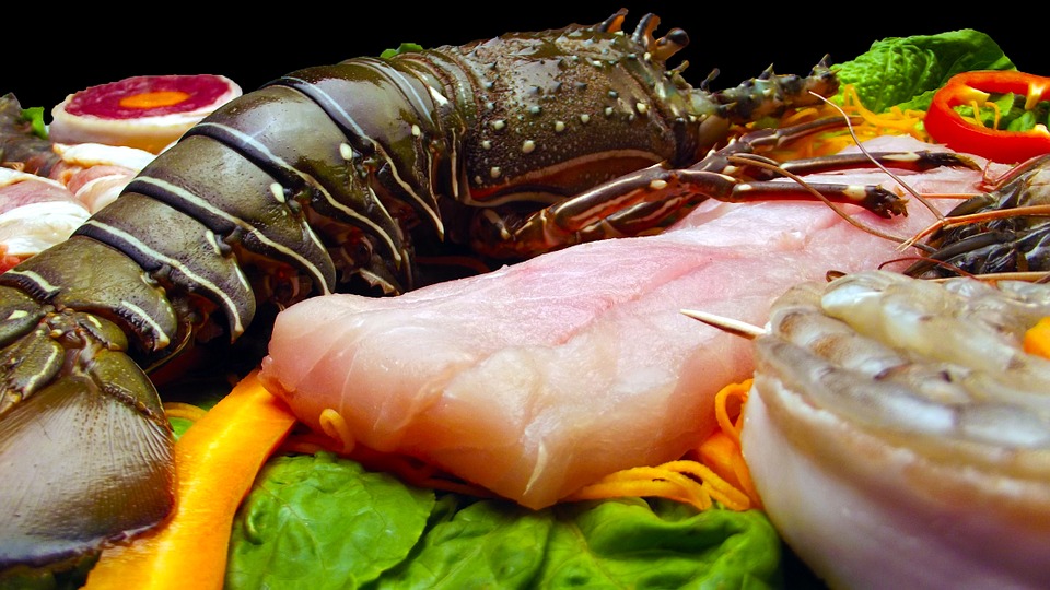 Raw lobster, fish and other seafood.