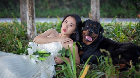 A bride leans against her dog in a garden.