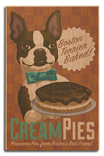 wood sign with Boston Terrier in bow tie offering pie and "Boston Terrier Baked!" and "Cream Pies" text