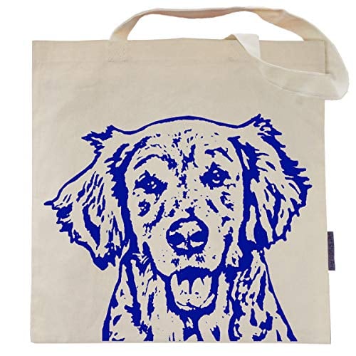 A natural color tote bag with a golden retriever printed in blue.