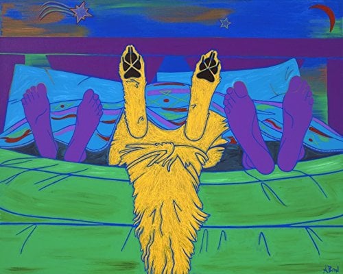 Art print showing two pairs of human feet with a golden retriever's feet and tail between them.