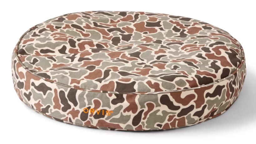 round Orvis dog bed in camouflage print