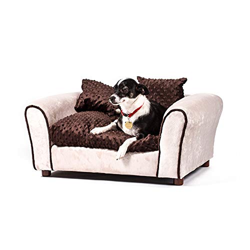 dog lying on white Keet sofa with brown cushion and details