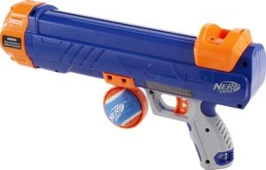 Nerf gun-shaped tennis ball fetch machine for dogs in blue and orange