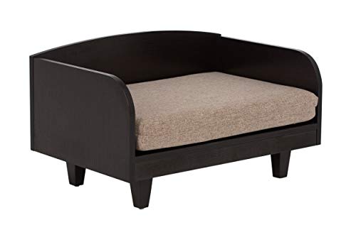 couch-style black wood-frame elevated sleeper with cushion in brown
