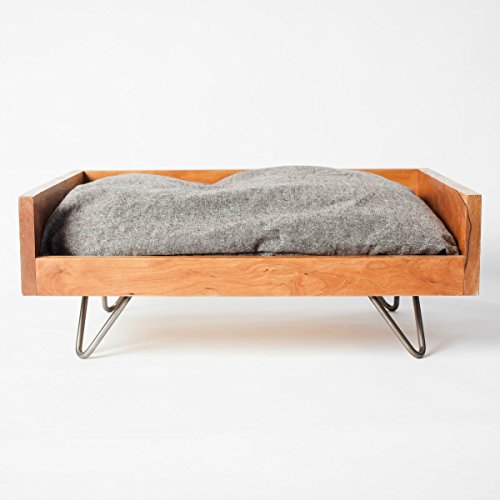 elevated wood platform dog bed on metal hairpin legs