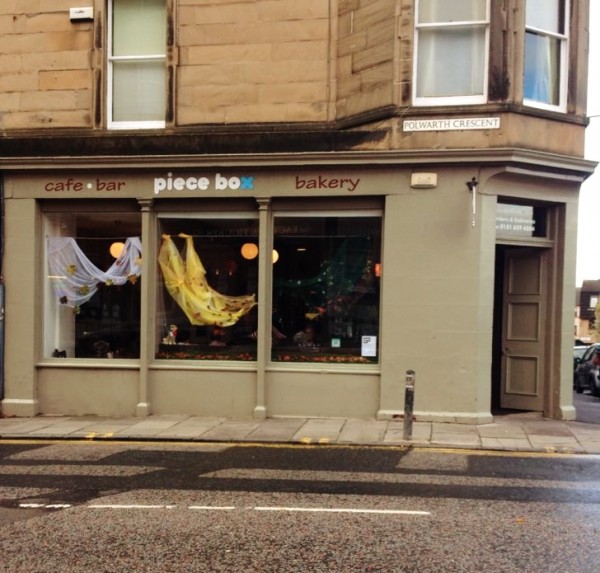 Outside view on the corner of the Piece Box Cafe: DogBuddy's favourite dog-friendly coffee shops in Edinburgh