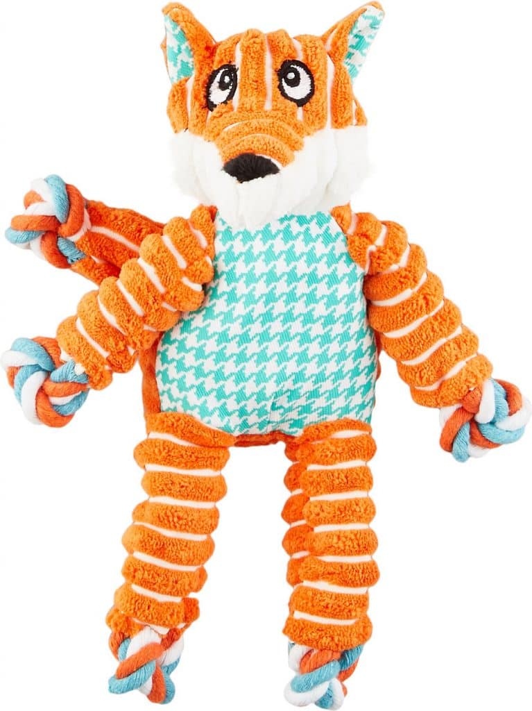 Kong Floppy Knots Dog Toy, plush orange and aqua fox with knotted texture