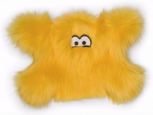 yellow fuzzy monster-shaped West Paw Froid Squeaky Stuffing-Free Plush Toy