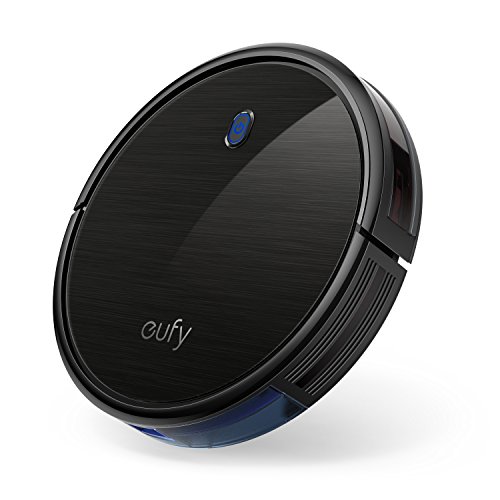 black Eufy round robot vacuum for pet hair