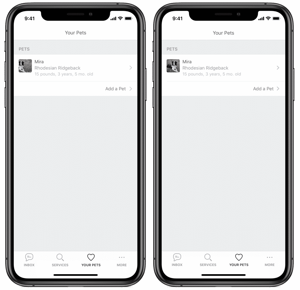 Two iPhones side-by-side, showing the Rover app.