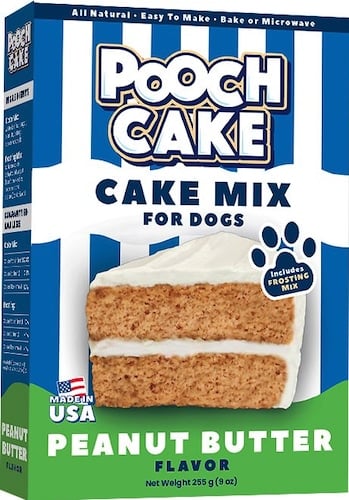 A box of peanut-butter-flavored cake mix for dogs