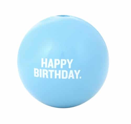 Light blue treat ball for dogs that says "happy birthday"