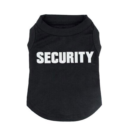 black dog shirt that says "SECURITY" in all caps on back