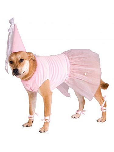 dog wearing pink princess Halloween costume with hat