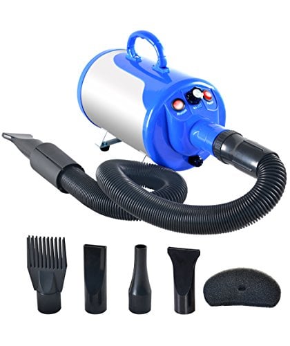 Blue and silver canister dog blow dryer with hose attached.