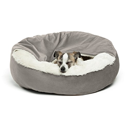 gray and sherpa fleece round dog bed with attached cover