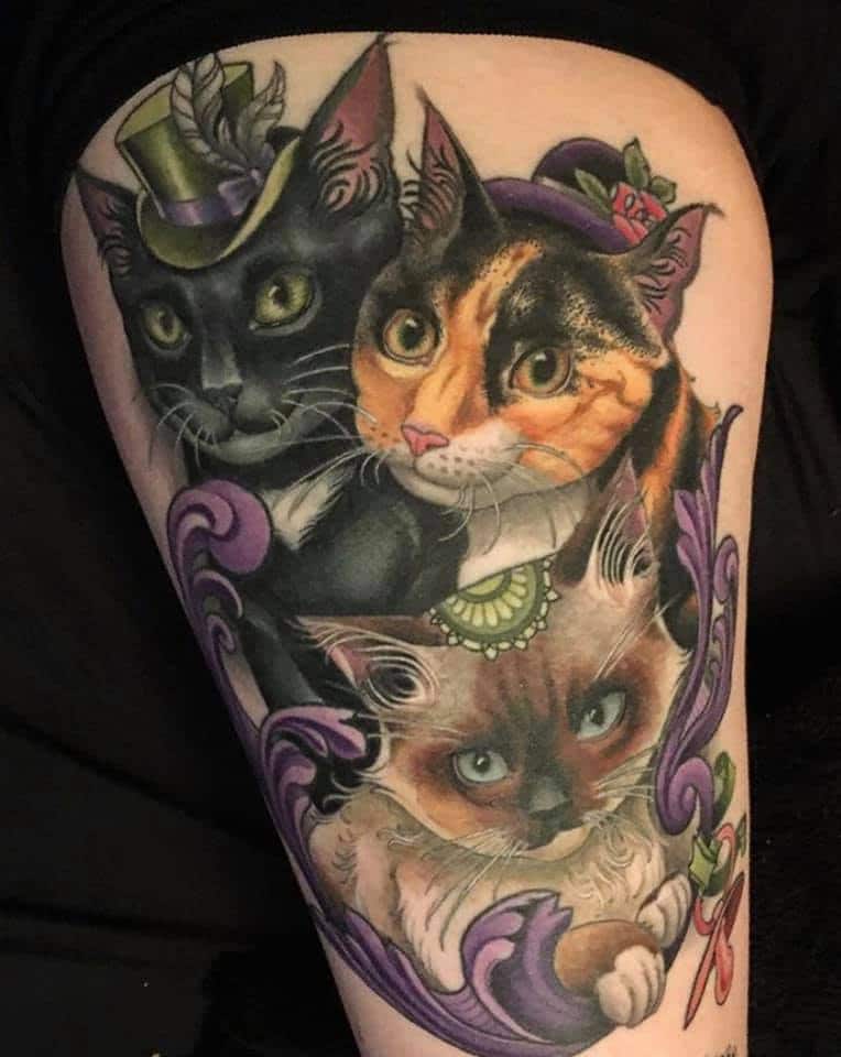 Three cats in top hats tattoo by @erinchancetattoo