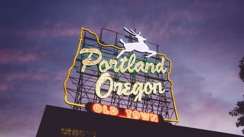 The Portland Oregon sign at dusk