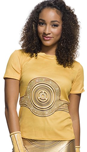 woman dressed in gold t-shirt, pants, and gloves with C-3PO print