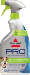 spray bottle of Bissell Pro dog pee smell and stain remover for carpet