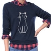A woman wearing a cozy cat sweater