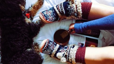 Legs wearing slipper boots with a cup of tea and a cozy dog