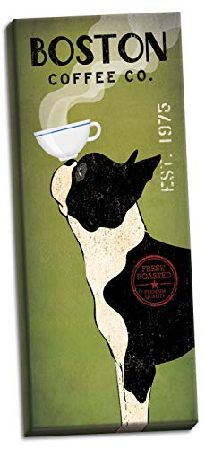 canvas wall art gift with Boston Terrier balancing coffee cup on nose on green background and "Boston Coffee Co." text