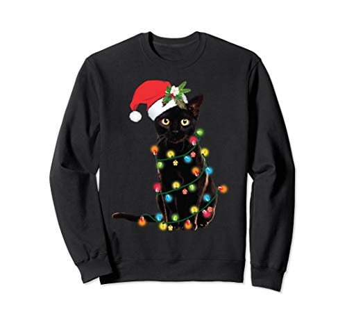 black sweatshirt with Santa cat tangled up in holiday lights