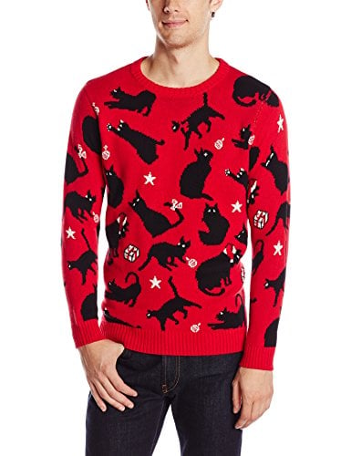 red knit sweater with black cats pattern