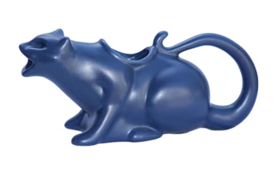 gravy boat shaped like puking kitty in classic blue