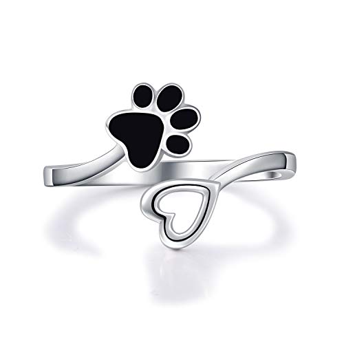 Pet Lovers PawPrint Love Heart Infinity Ring 925 Sterling Silver Open Adjustable Ring My Sweet Puppy We are Family Pet Animal Jewelry Dog Cat Claw Ring for Women Girls 