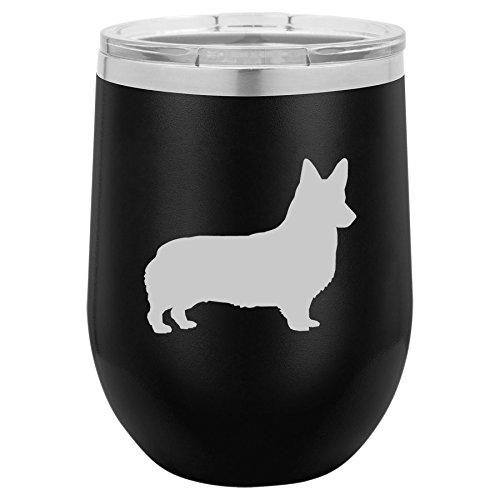 black stemless wineglass-shaped tumbler with lid and white Corgi silhouette 