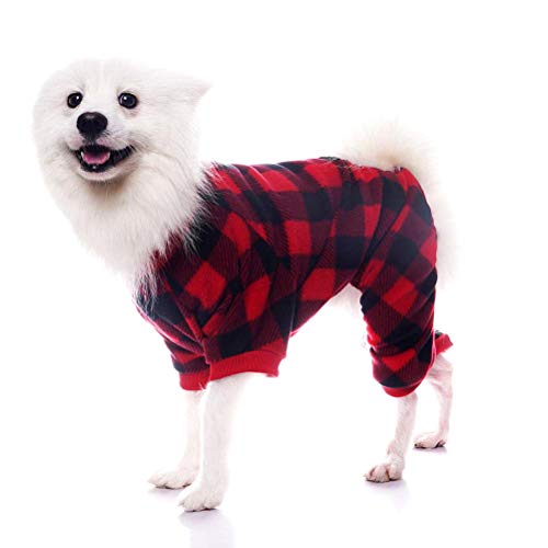 dog wearing buffalo plaid onesie Christmas outfit