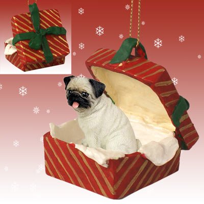 Pug sitting in gift box Christmas tree ornament
