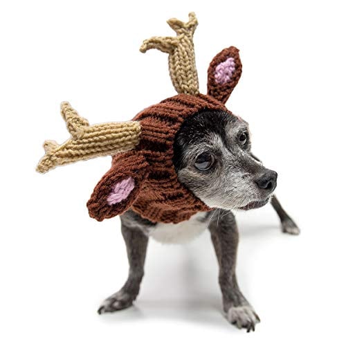 dog wearing knit snood with reindeer antlers and ears
