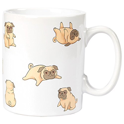 white mug with illustrated Pugs in different positions