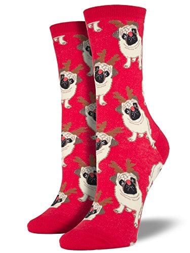 festive red socks with Pugs in reindeer antlers and red noses printed all over