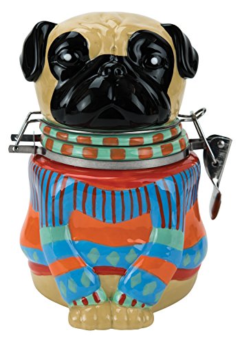 ceramic cookie jar gift shaped like Pug wearing a striped sweater