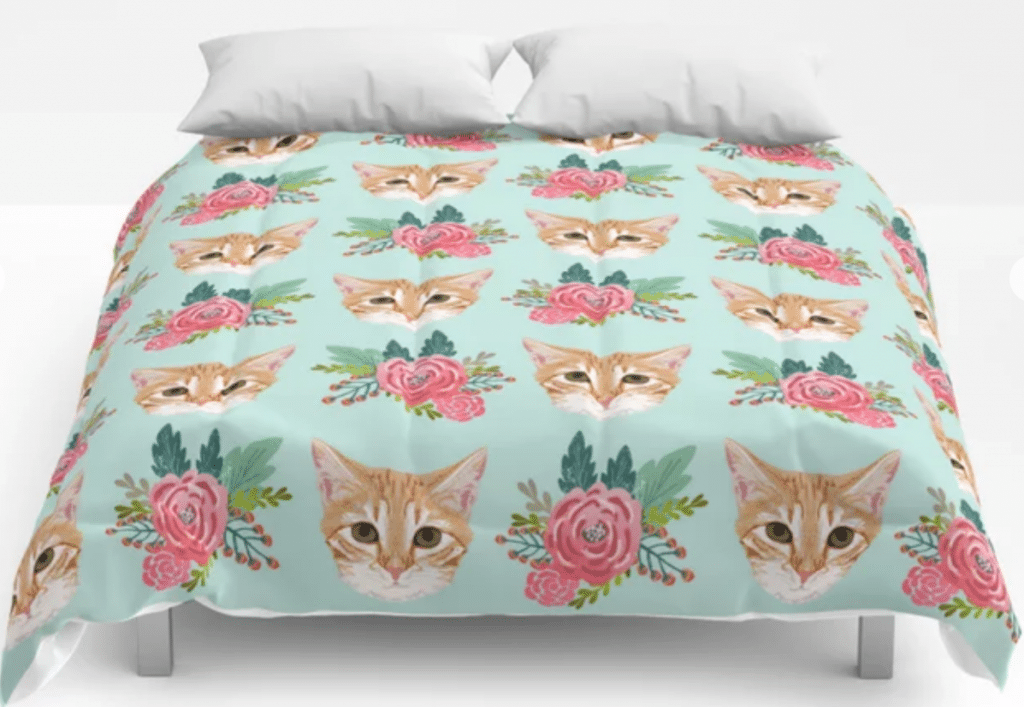 cat and flowers pastels comforter