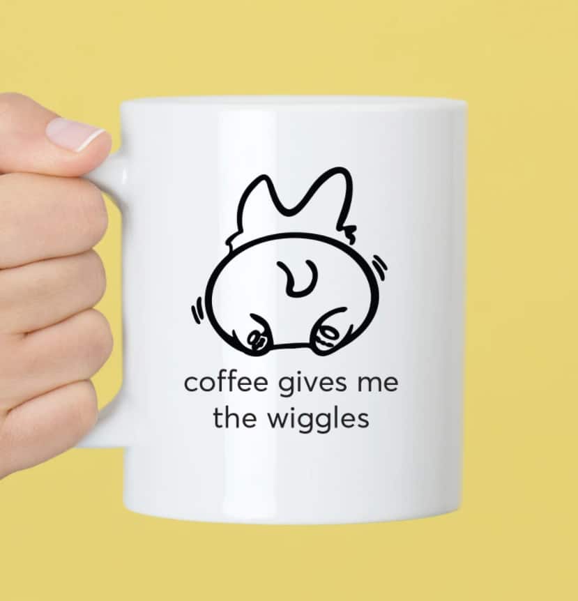 mug gift with Corgi butt illustration and "Coffee gives me the wiggles" text