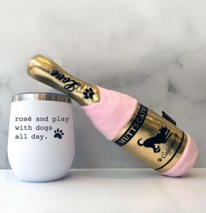 "Rosé and Play With Dogs" insulated tumbler and "Muttscato" plush dog toy