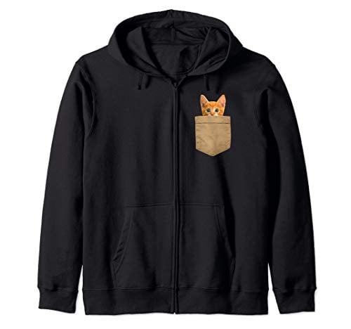 black hoodie with print of orange cat in pocket